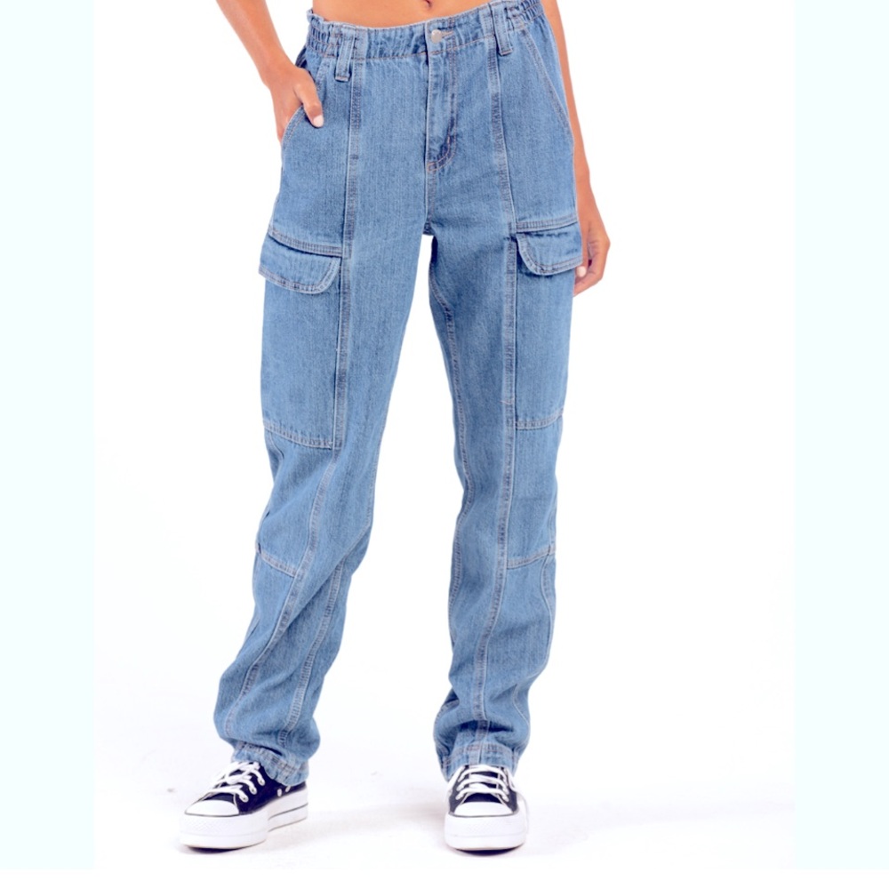 RSQ cargo jeans baggy grunge elastic waist Y2K style light wash thrashed worn 7